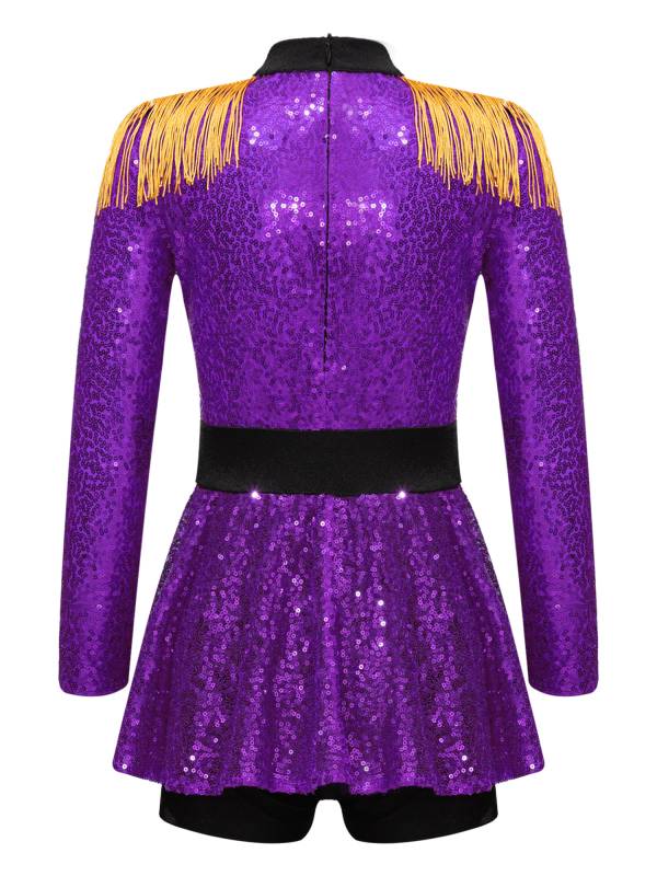 Kids Girls Long Sleeve Sequins Tassel Ringmaster Circus Leotard Dress thumb
