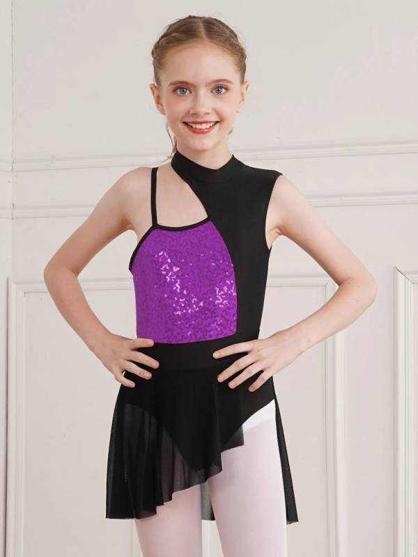 Kids Girls Sleeveless Sequins Mesh Lyrical Contemporary Dance Dress thumb