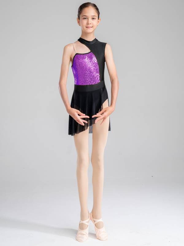 Kids Girls Sleeveless Sequins Mesh Lyrical Contemporary Dance Dress thumb