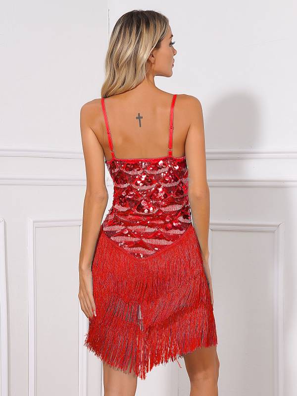 Women V Neck Adjustable Straps Sequins Tassel Latin Dance Dress thumb