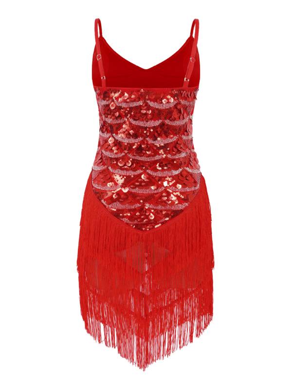 Women V Neck Adjustable Straps Sequins Tassel Latin Dance Dress thumb