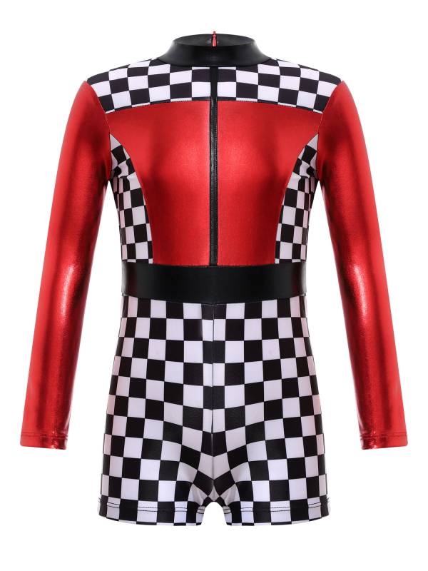 Girls Long Sleeve Checkerboard Print Race Car Racer Costume Jumpsuit thumb