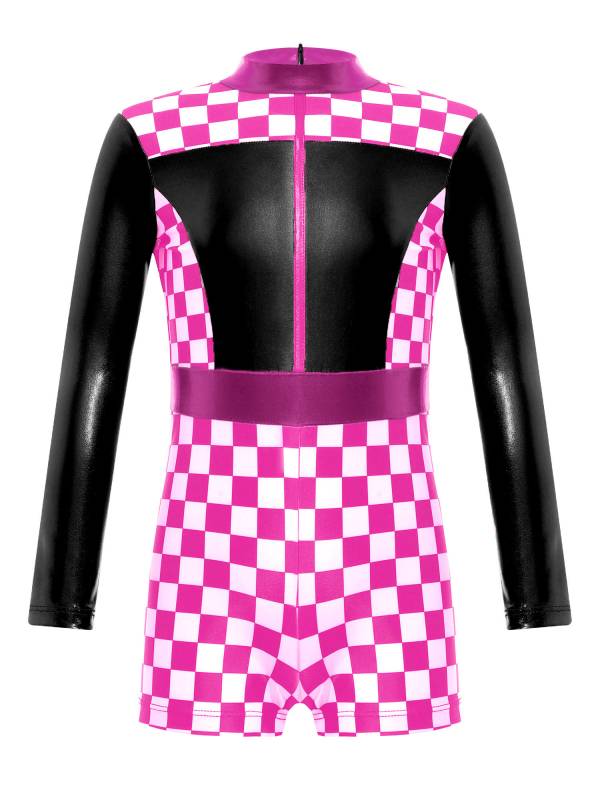 Girls Long Sleeve Checkerboard Print Race Car Racer Costume Jumpsuit thumb