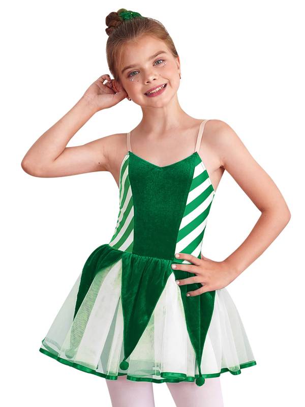 Kids Girls Christmas Sleeveless Straps Pom Poms Stripes Tutu Dress thumb