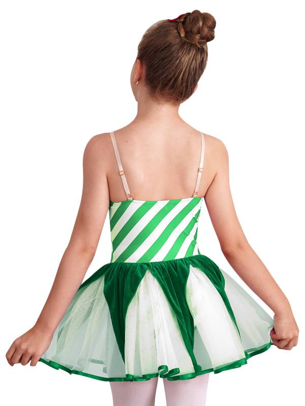 Kids Girls Christmas Sleeveless Straps Pom Poms Stripes Tutu Dress thumb