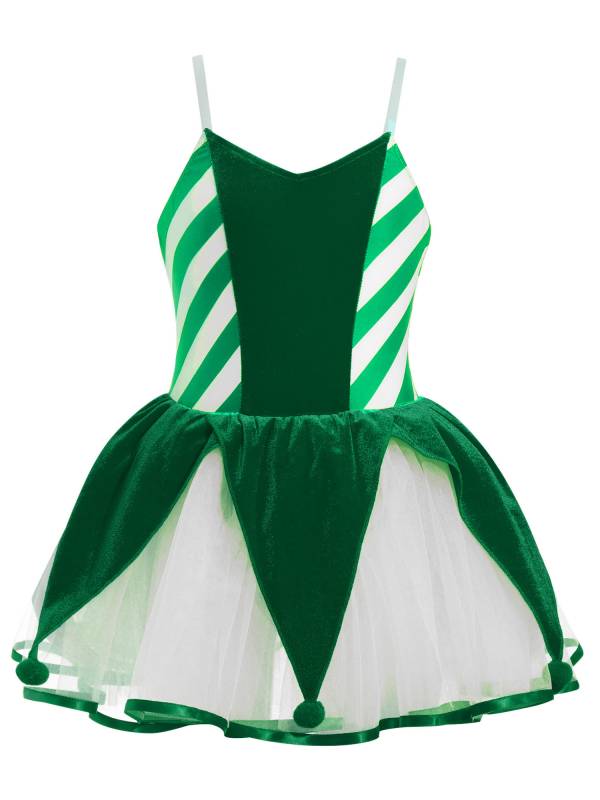 Kids Girls Christmas Sleeveless Straps Pom Poms Stripes Tutu Dress thumb