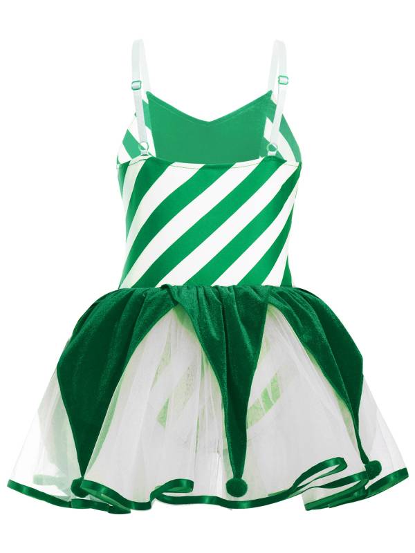 Kids Girls Christmas Sleeveless Straps Pom Poms Stripes Tutu Dress thumb