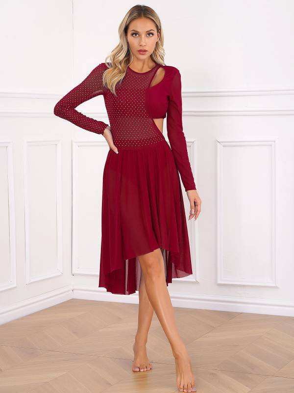 Women Long Sleeve Shiny Rhinestone Asymmetrical Lyrical Dance Dress thumb