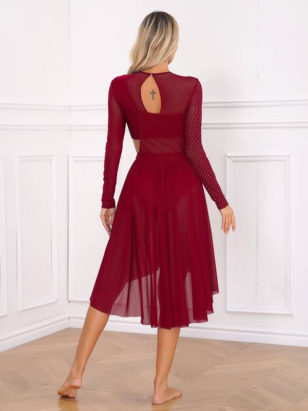 Women Long Sleeve Shiny Rhinestone Asymmetrical Lyrical Dance Dress thumb