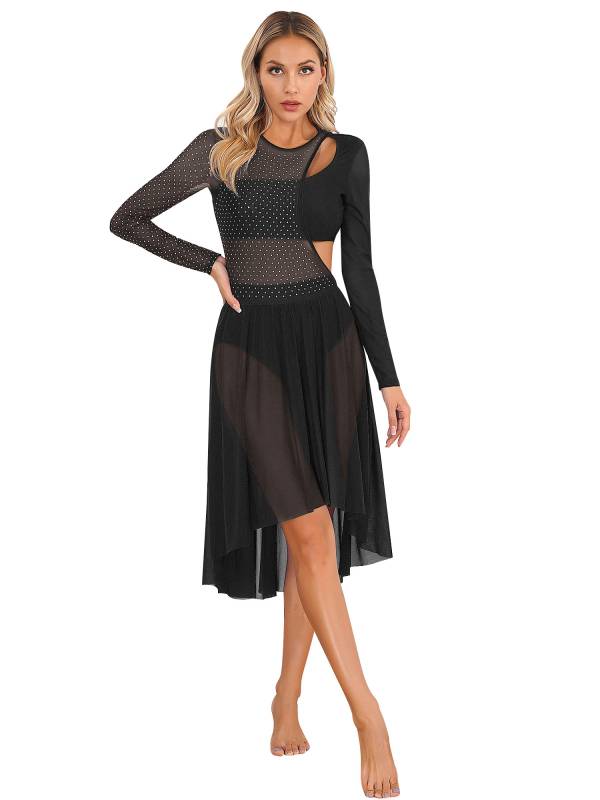 Women Long Sleeve Shiny Rhinestone Asymmetrical Lyrical Dance Dress thumb