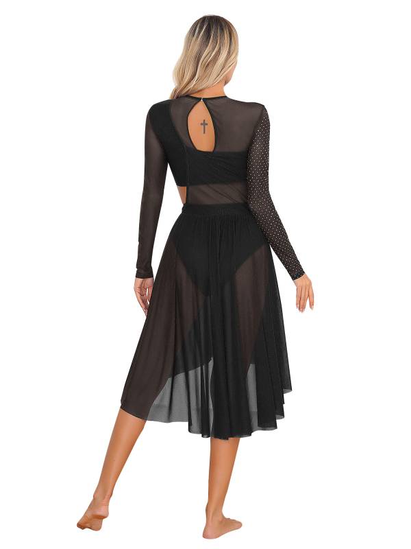 Women Long Sleeve Shiny Rhinestone Asymmetrical Lyrical Dance Dress thumb
