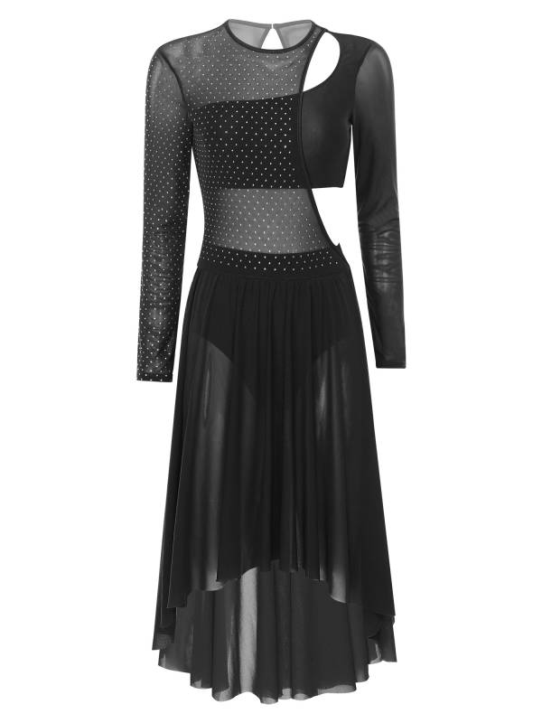 Women Long Sleeve Shiny Rhinestone Asymmetrical Lyrical Dance Dress thumb