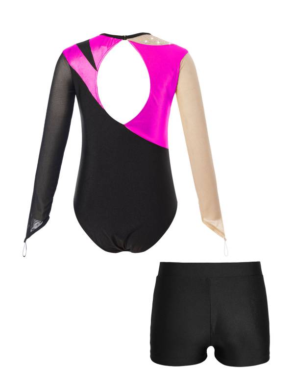 Kids Girls 2pcs Long Sleeve Colorblock Bodysuit and Shorts Gymnastic Outfits thumb