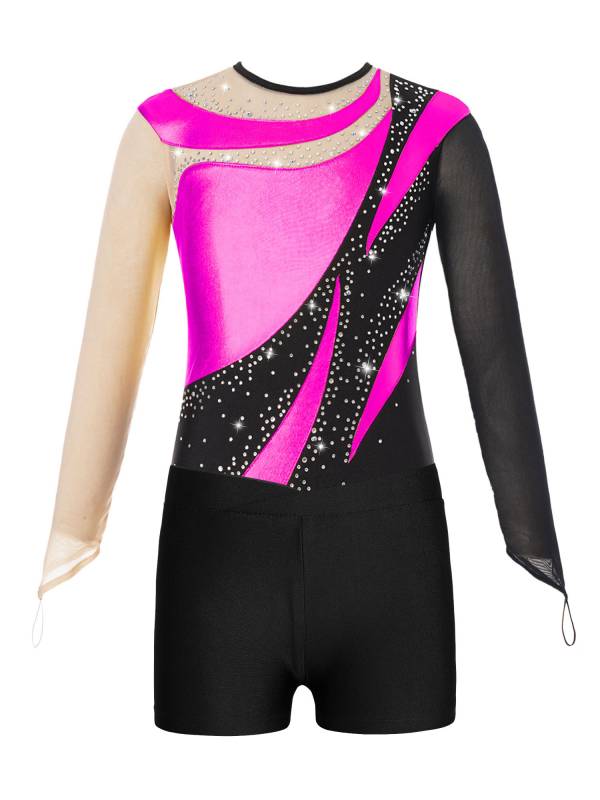 Kids Girls 2pcs Long Sleeve Colorblock Bodysuit and Shorts Gymnastic Outfits thumb