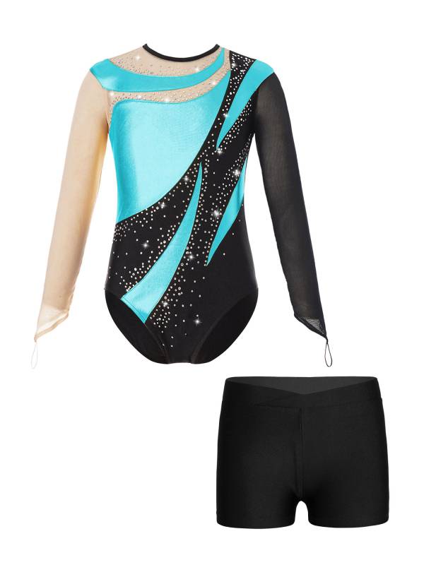 Kids Girls 2pcs Long Sleeve Colorblock Bodysuit and Shorts Gymnastic Outfits thumb