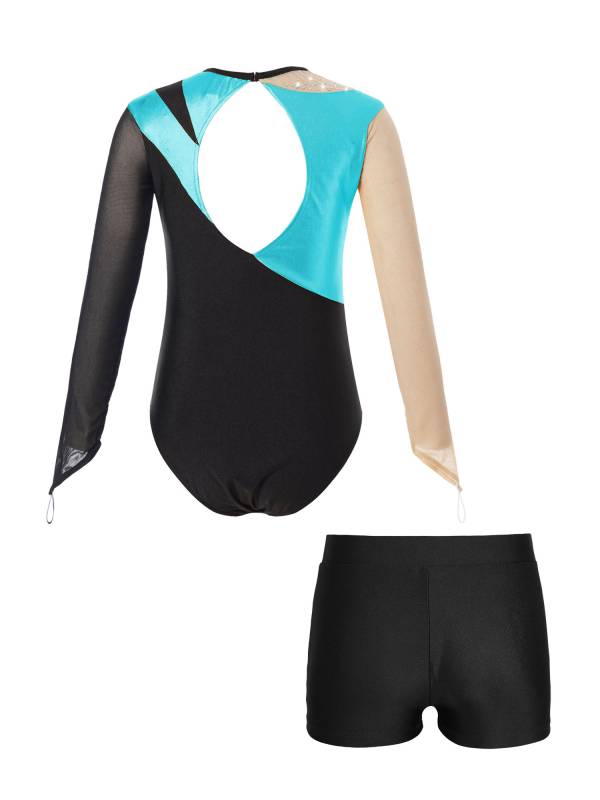 Kids Girls 2pcs Long Sleeve Colorblock Bodysuit and Shorts Gymnastic Outfits thumb