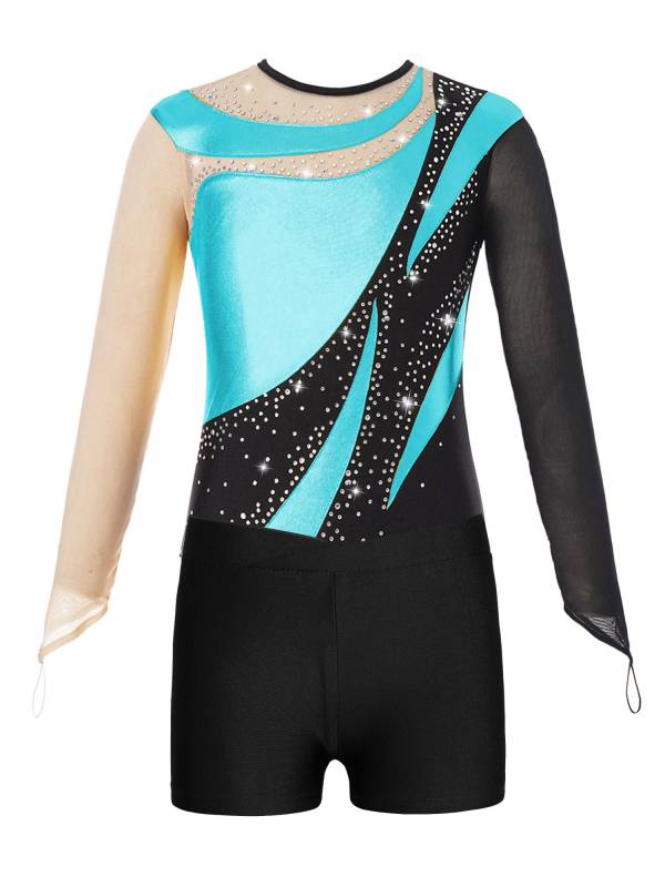 Kids Girls 2pcs Long Sleeve Colorblock Bodysuit and Shorts Gymnastic Outfits thumb