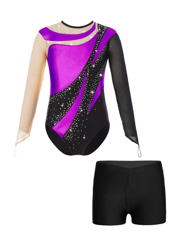 Kids Girls 2pcs Long Sleeve Colorblock Bodysuit and Shorts Gymnastic Outfits thumb