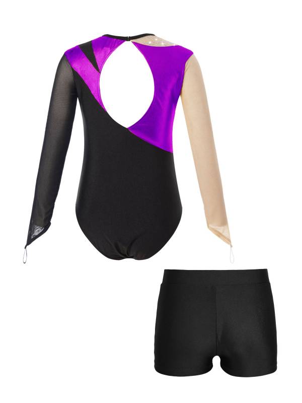 Kids Girls 2pcs Long Sleeve Colorblock Bodysuit and Shorts Gymnastic Outfits thumb