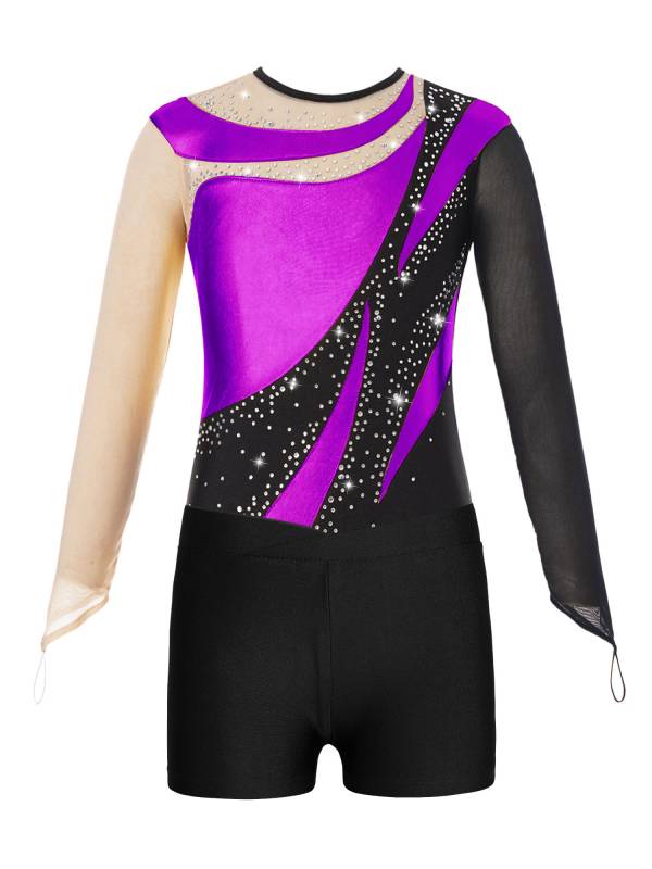 Kids Girls 2pcs Long Sleeve Colorblock Bodysuit and Shorts Gymnastic Outfits thumb