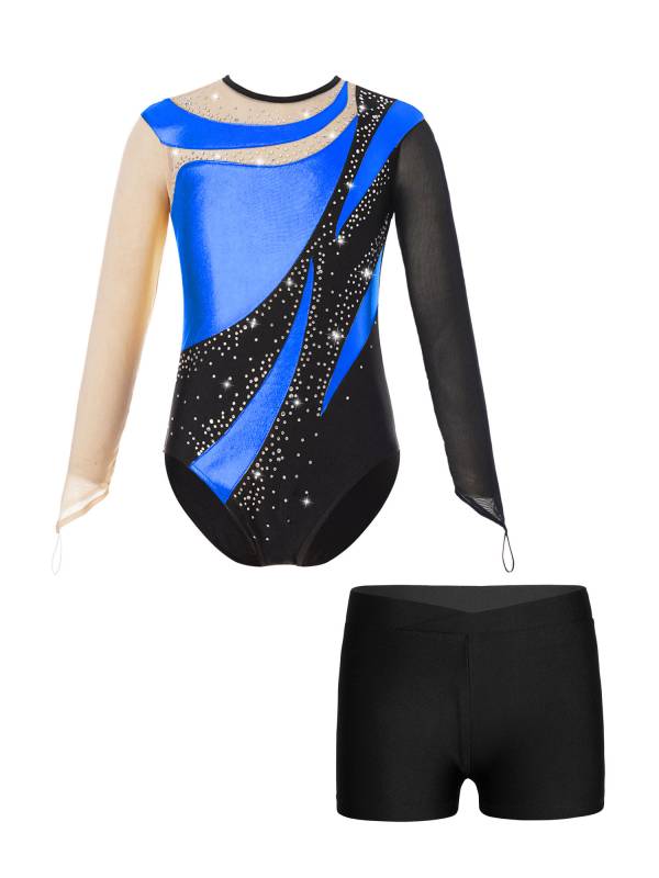 Kids Girls 2pcs Long Sleeve Colorblock Bodysuit and Shorts Gymnastic Outfits thumb