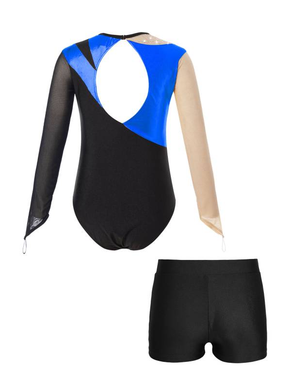 Kids Girls 2pcs Long Sleeve Colorblock Bodysuit and Shorts Gymnastic Outfits thumb