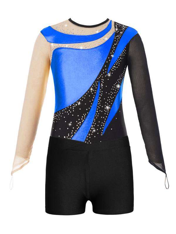 Kids Girls 2pcs Long Sleeve Colorblock Bodysuit and Shorts Gymnastic Outfits thumb