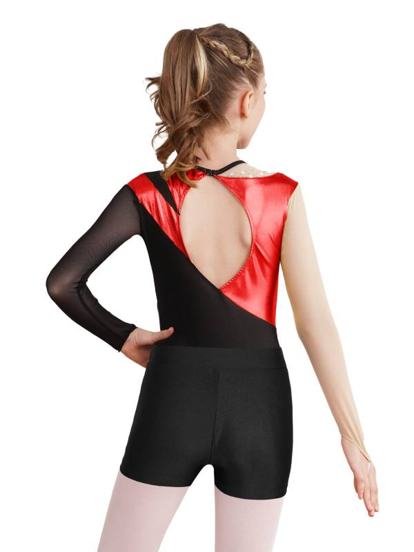 Kids Girls 2pcs Long Sleeve Colorblock Bodysuit and Shorts Gymnastic Outfits thumb