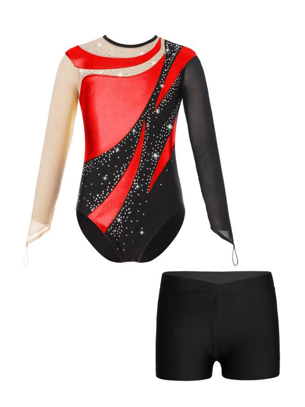Kids Girls 2pcs Long Sleeve Colorblock Bodysuit and Shorts Gymnastic Outfits thumb