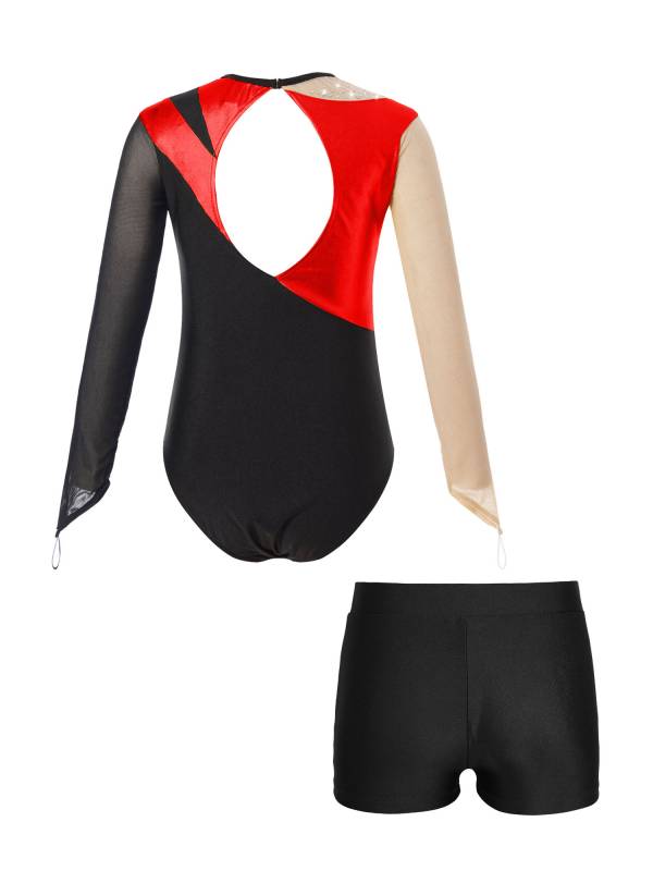 Kids Girls 2pcs Long Sleeve Colorblock Bodysuit and Shorts Gymnastic Outfits thumb
