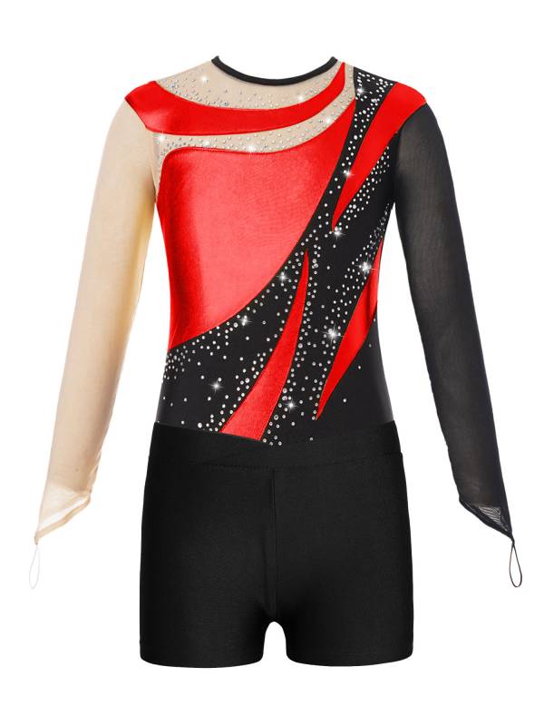 Kids Girls 2pcs Long Sleeve Colorblock Bodysuit and Shorts Gymnastic Outfits thumb