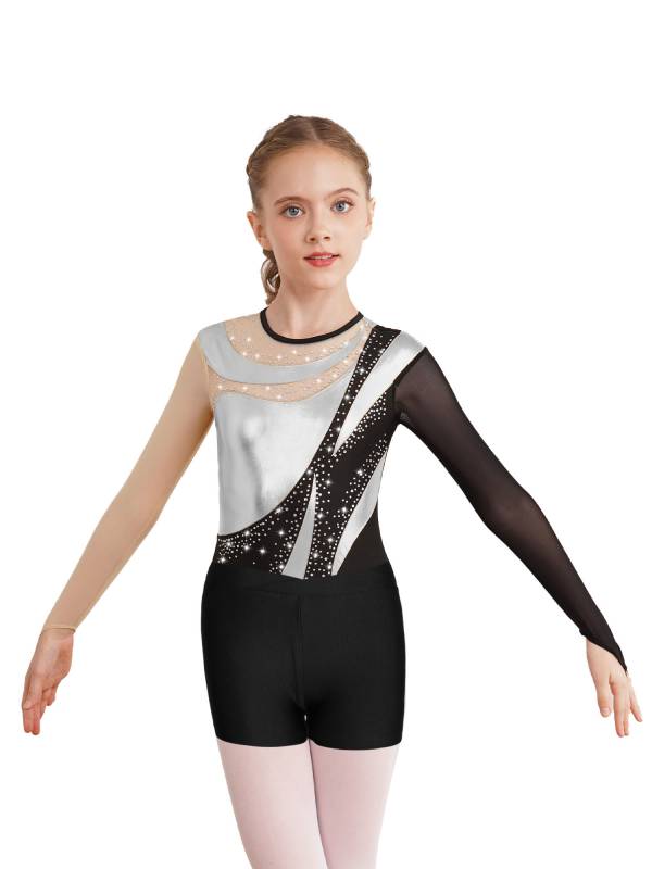 Kids Girls 2pcs Long Sleeve Colorblock Bodysuit and Shorts Gymnastic Outfits thumb