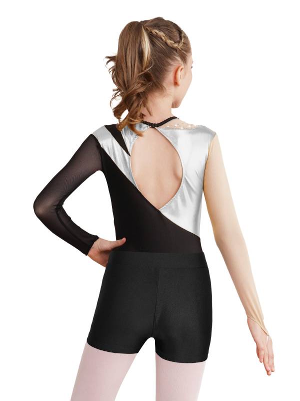 Kids Girls 2pcs Long Sleeve Colorblock Bodysuit and Shorts Gymnastic Outfits thumb