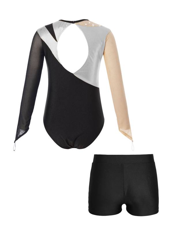 Kids Girls 2pcs Long Sleeve Colorblock Bodysuit and Shorts Gymnastic Outfits thumb