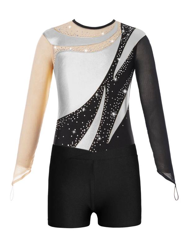 Kids Girls 2pcs Long Sleeve Colorblock Bodysuit and Shorts Gymnastic Outfits thumb
