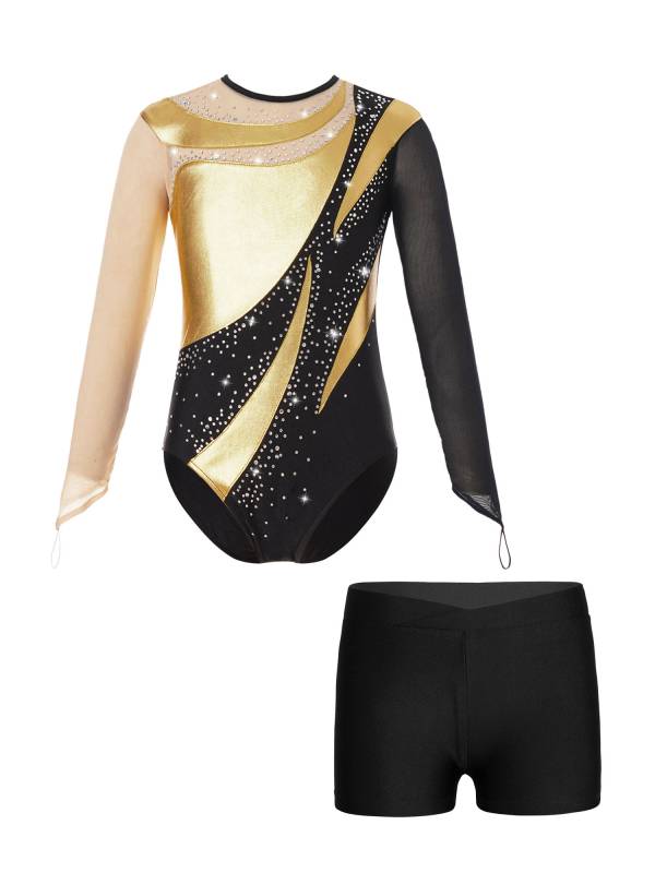 Kids Girls 2pcs Long Sleeve Colorblock Bodysuit and Shorts Gymnastic Outfits thumb