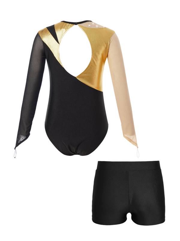 Kids Girls 2pcs Long Sleeve Colorblock Bodysuit and Shorts Gymnastic Outfits thumb