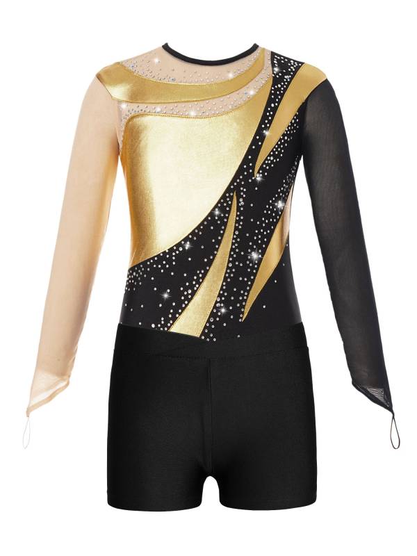 Kids Girls 2pcs Long Sleeve Colorblock Bodysuit and Shorts Gymnastic Outfits thumb