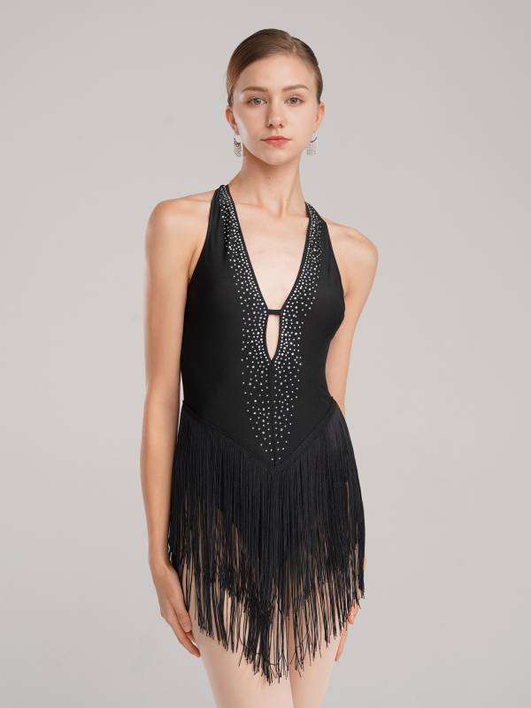 Women Deep V Neck Backless Rhinestone Tassel Latin Dance Leotard thumb