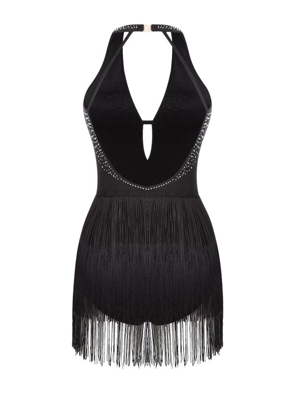 Women Deep V Neck Backless Rhinestone Tassel Latin Dance Leotard thumb