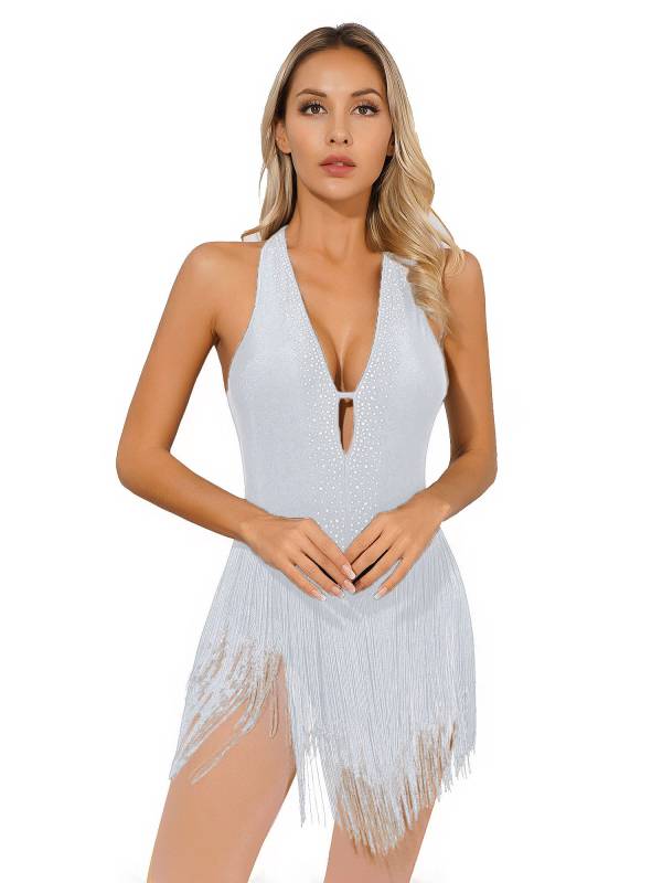 Women Deep V Neck Backless Rhinestone Tassel Latin Dance Leotard thumb
