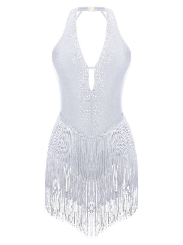 Women Deep V Neck Backless Rhinestone Tassel Latin Dance Leotard thumb
