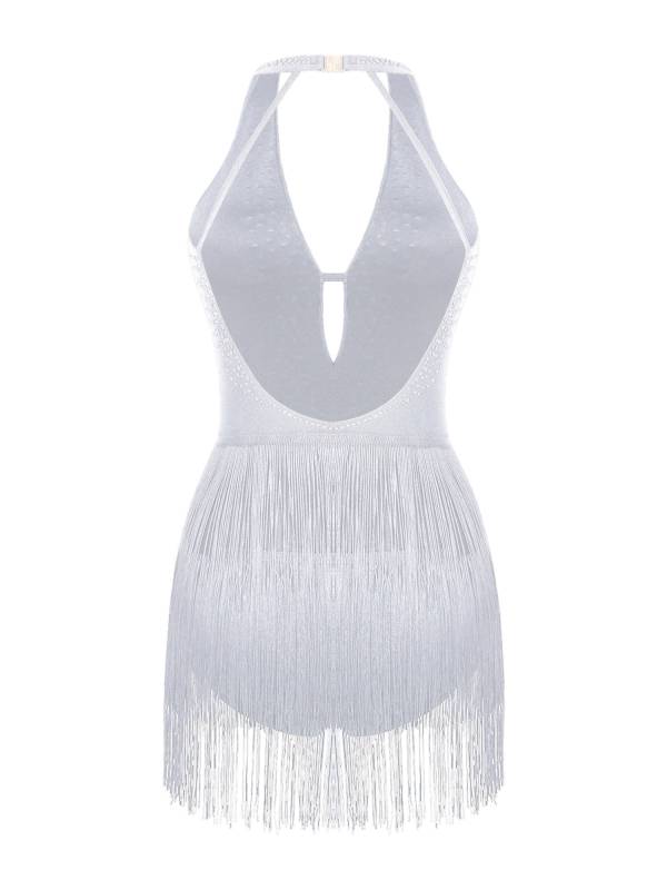 Women Deep V Neck Backless Rhinestone Tassel Latin Dance Leotard thumb