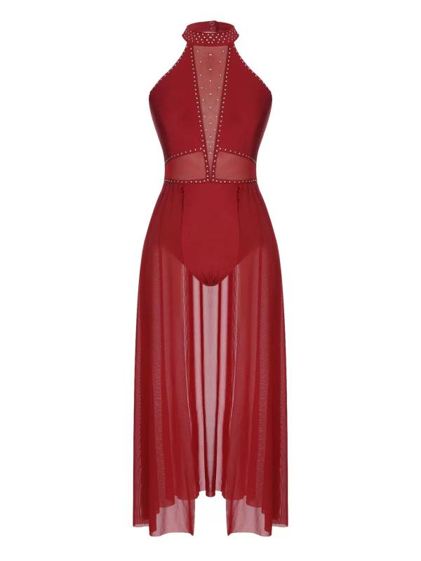 Women Sleeveless Shiny Rhinestone Mesh Lyrical Dance Leotard Dress thumb