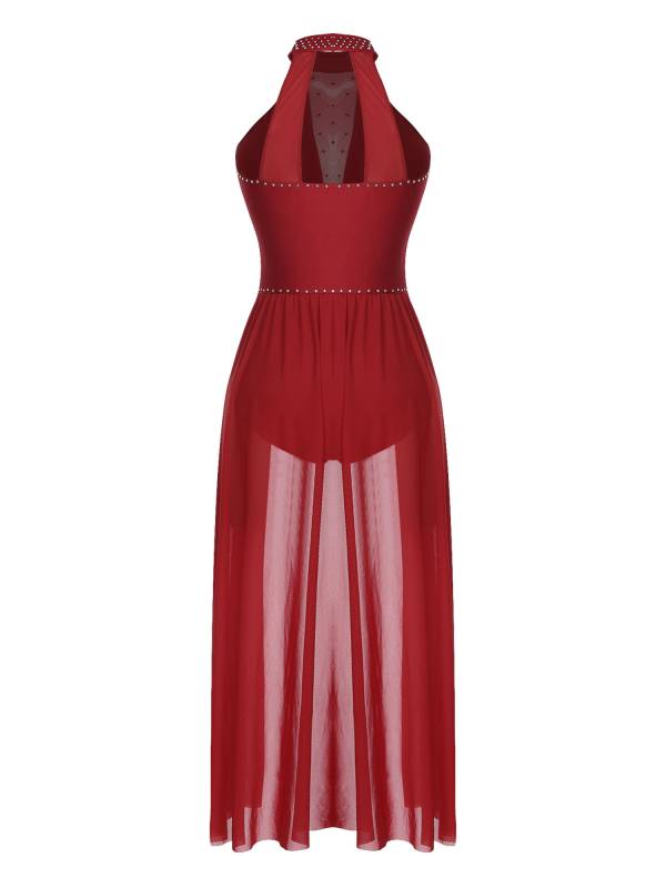 Women Sleeveless Shiny Rhinestone Mesh Lyrical Dance Leotard Dress thumb