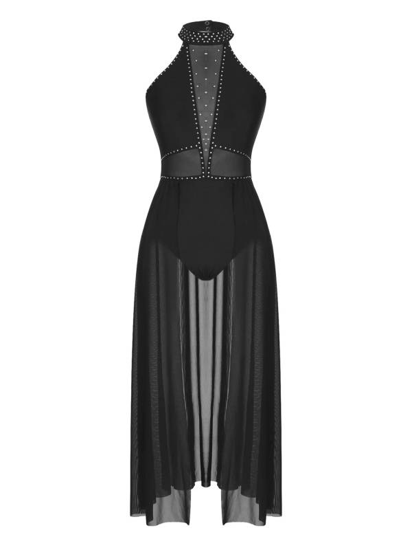 Women Sleeveless Shiny Rhinestone Mesh Lyrical Dance Leotard Dress thumb