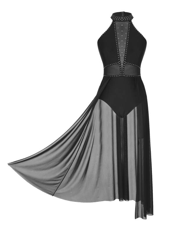Women Sleeveless Shiny Rhinestone Mesh Lyrical Dance Leotard Dress thumb
