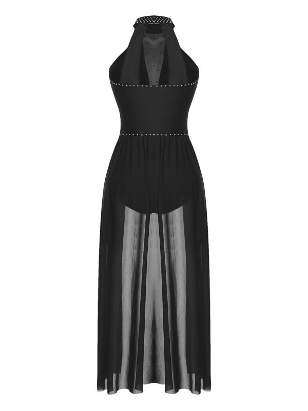 Women Sleeveless Shiny Rhinestone Mesh Lyrical Dance Leotard Dress thumb