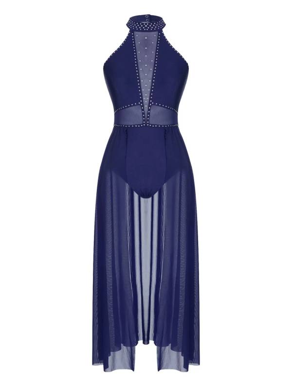 Women Sleeveless Shiny Rhinestone Mesh Lyrical Dance Leotard Dress thumb