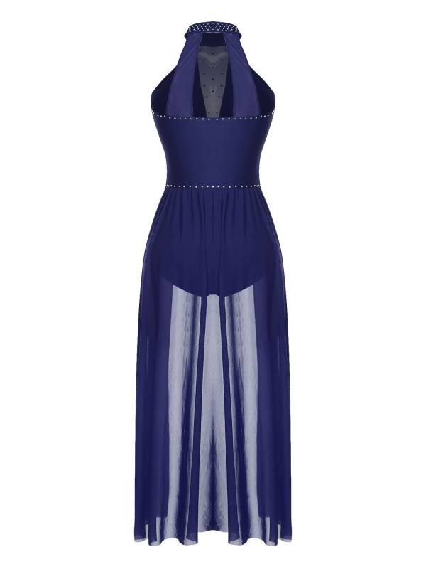 Women Sleeveless Shiny Rhinestone Mesh Lyrical Dance Leotard Dress thumb